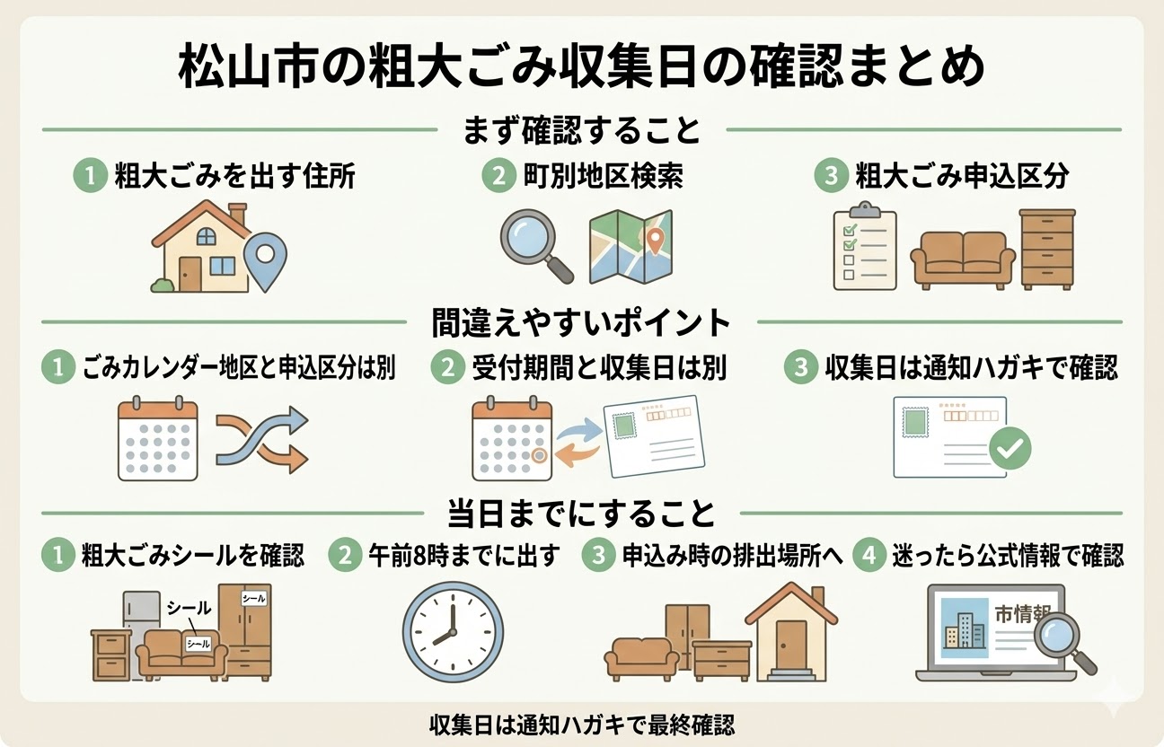 松山市の粗大ごみ収集日の確認方法をまとめた図