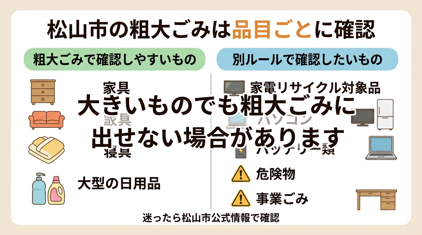 松山市の粗大ごみで出せるものと出せないものの考え方をまとめた図