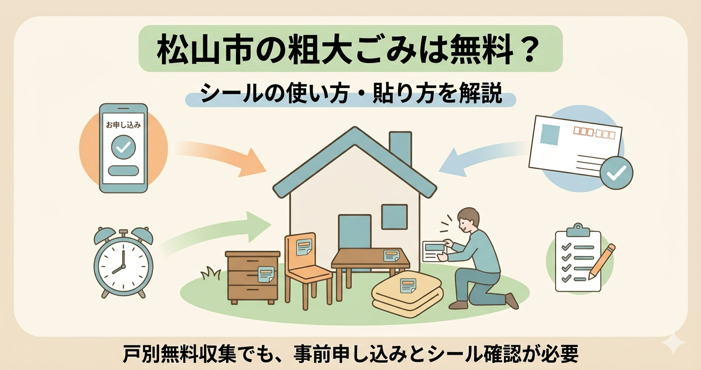 松山市の粗大ごみは無料か、事前申し込みやシール確認が必要な基本ポイントをまとめた図