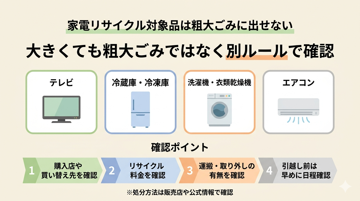 テレビ・冷蔵庫・洗濯機・エアコンなど家電リサイクル対象品は粗大ごみに出せないことを説明する図