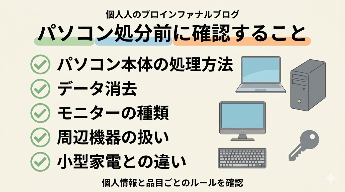 パソコンを処分するときの確認ポイントをまとめた図