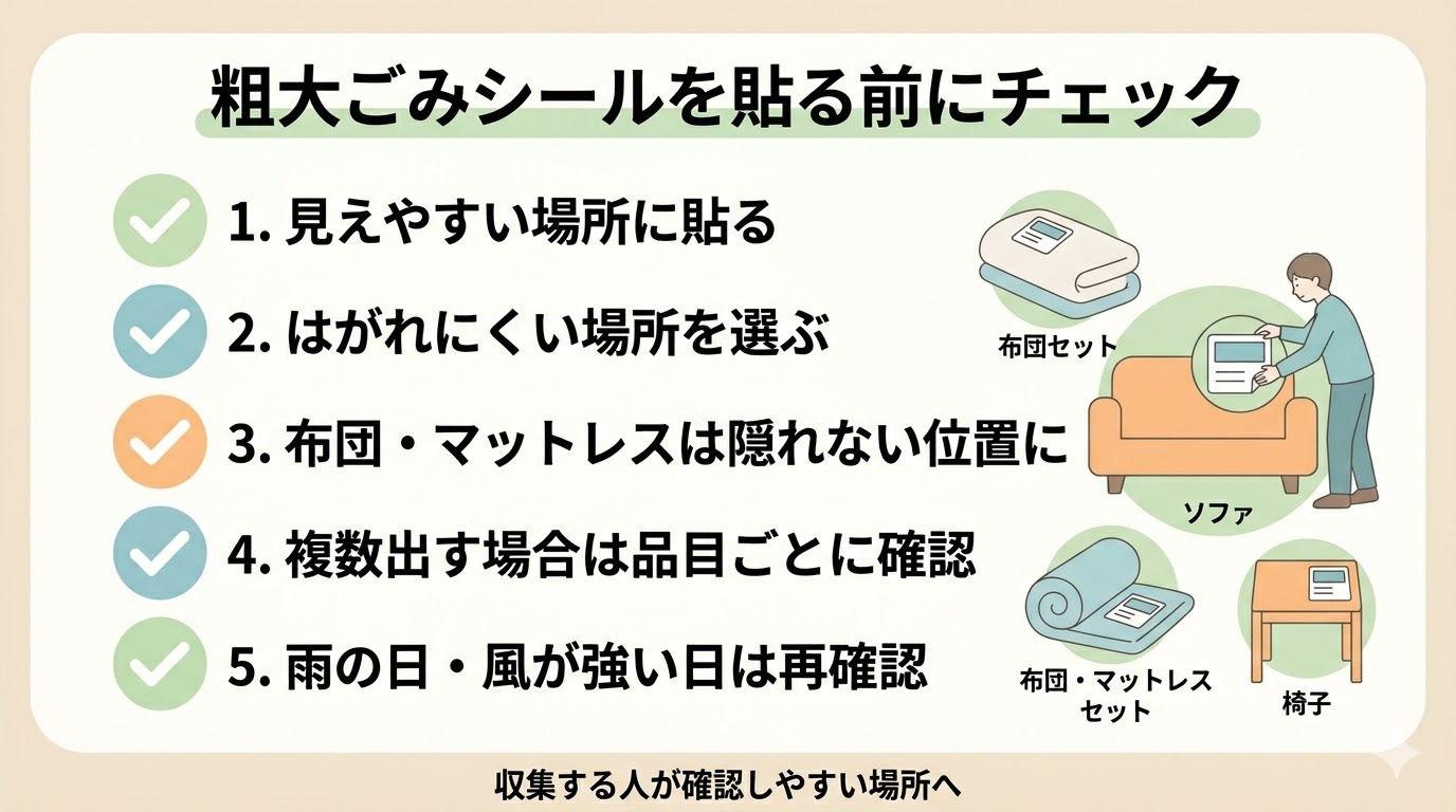 粗大ごみシールの貼り方や貼る場所の注意点をまとめたチェック図