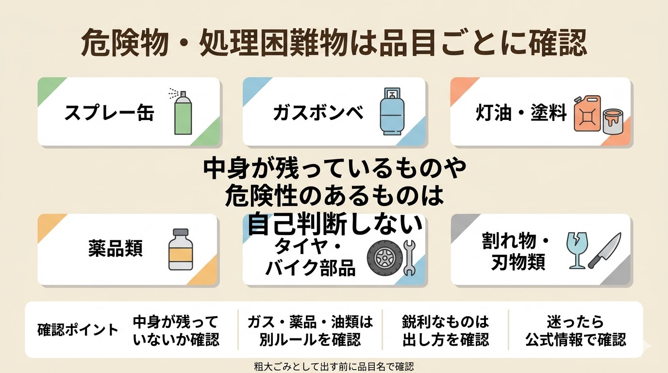 危険物や処理困難物で確認したいものをまとめた図