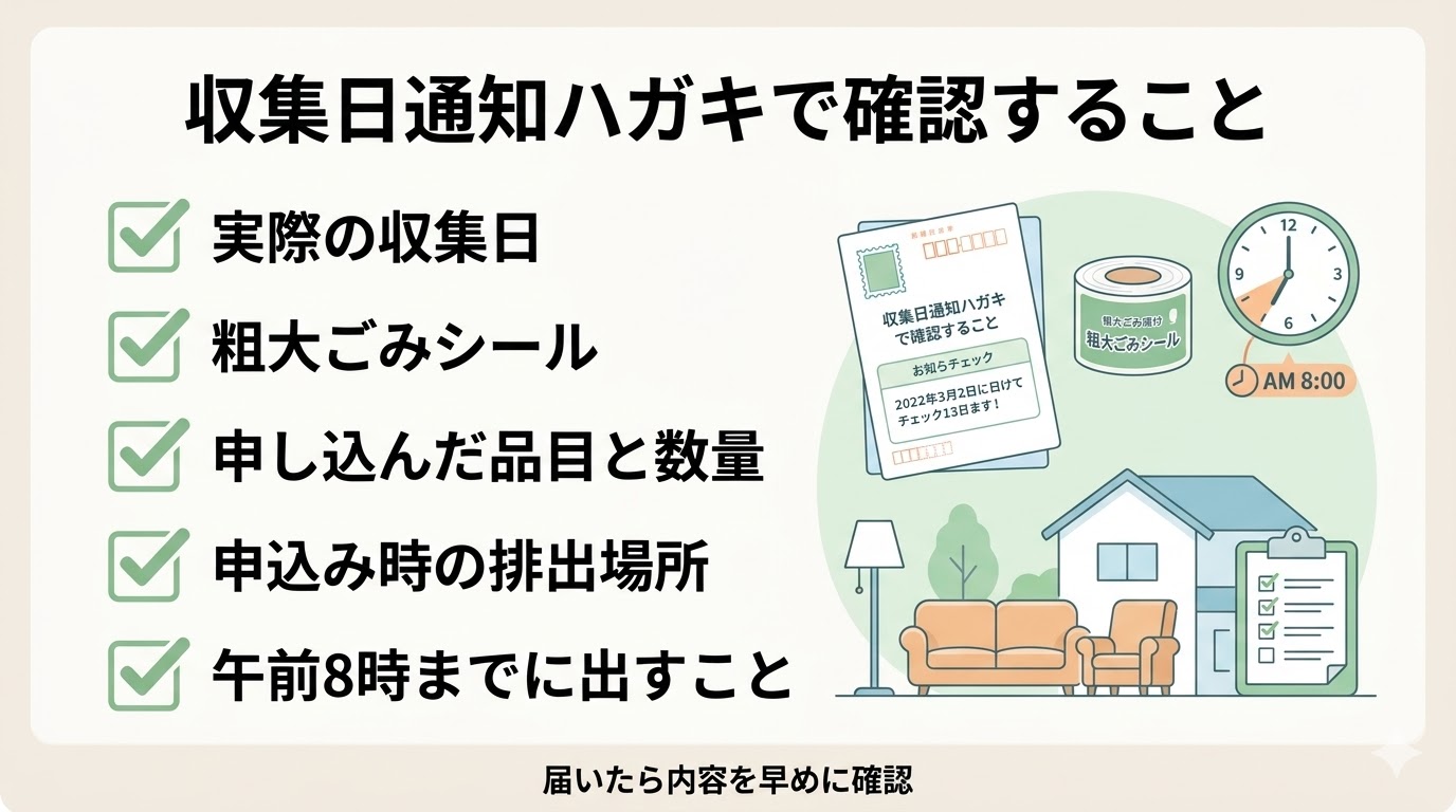 粗大ごみの収集日通知ハガキで確認することをまとめた図