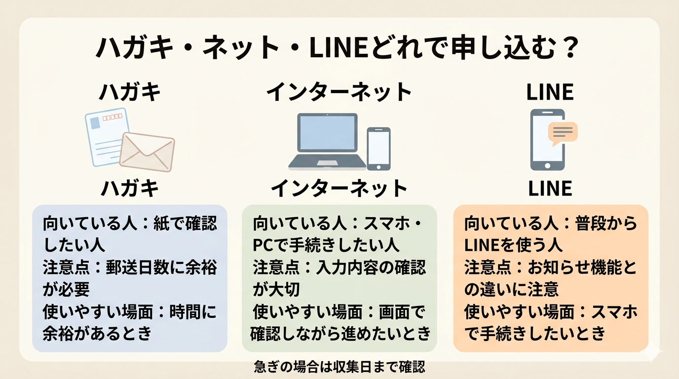 ハガキ・インターネット・LINEの申し込み方法比較表。向いている人と注意点をまとめた図。