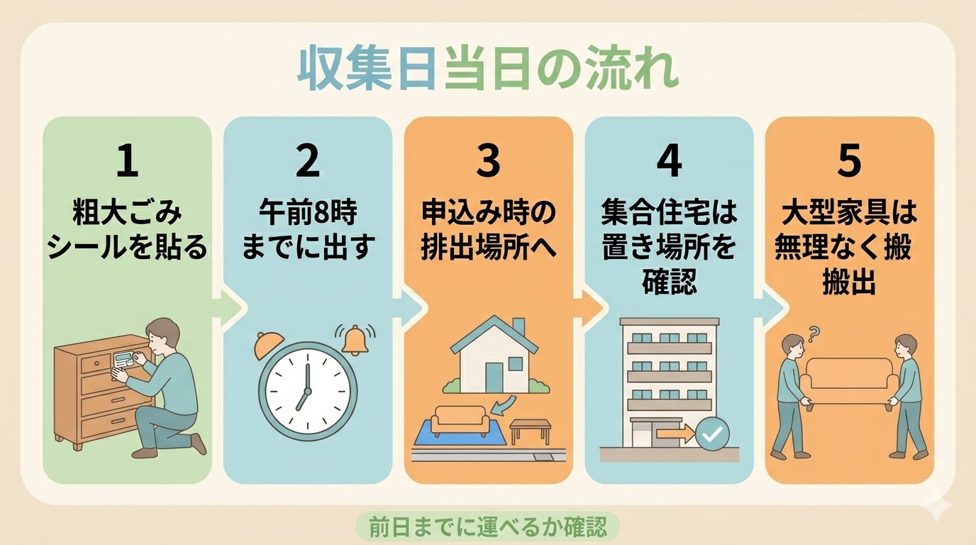 松山市の粗大ごみを収集日当日に出す流れをまとめた図