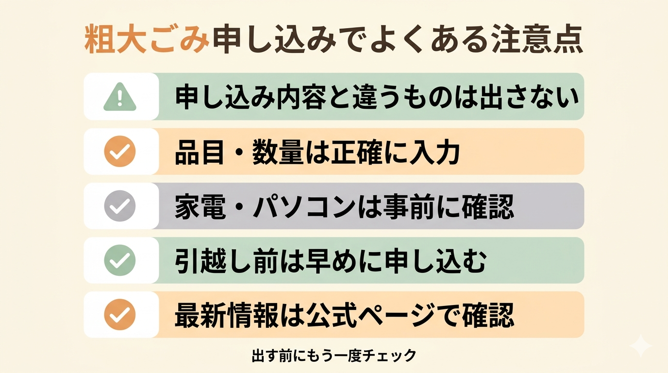 粗大ごみ申し込みでよくある注意点。申し込み内容と違うものを出さない・品目数量を正確に・家電は確認・早めの申し込みなどをまとめた図。