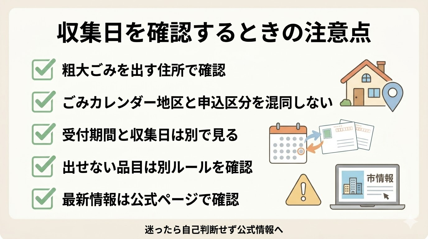 松山市の粗大ごみ収集日を確認するときの注意点をまとめた図