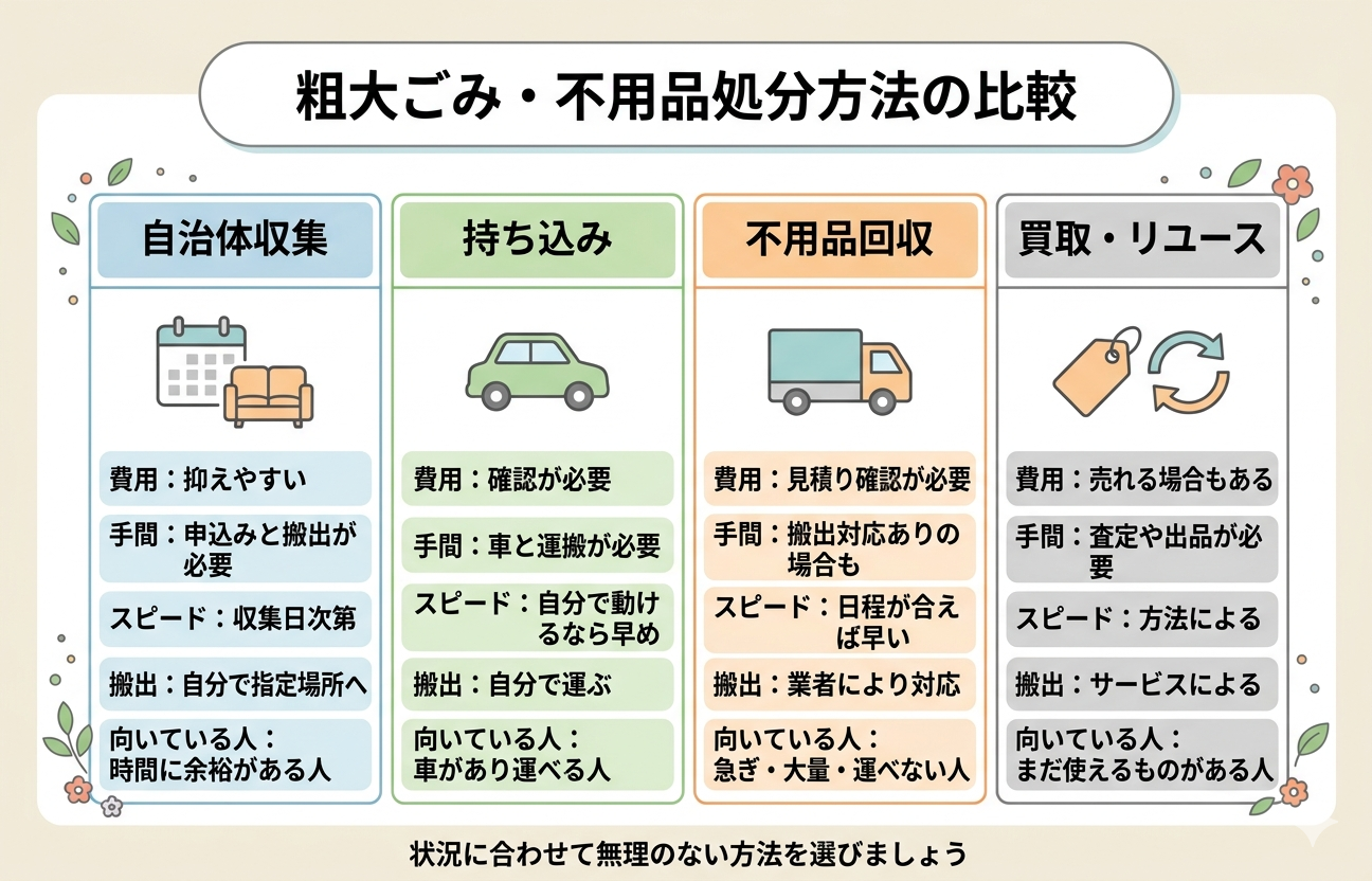 自治体収集・持ち込み・不用品回収・買取の比較表