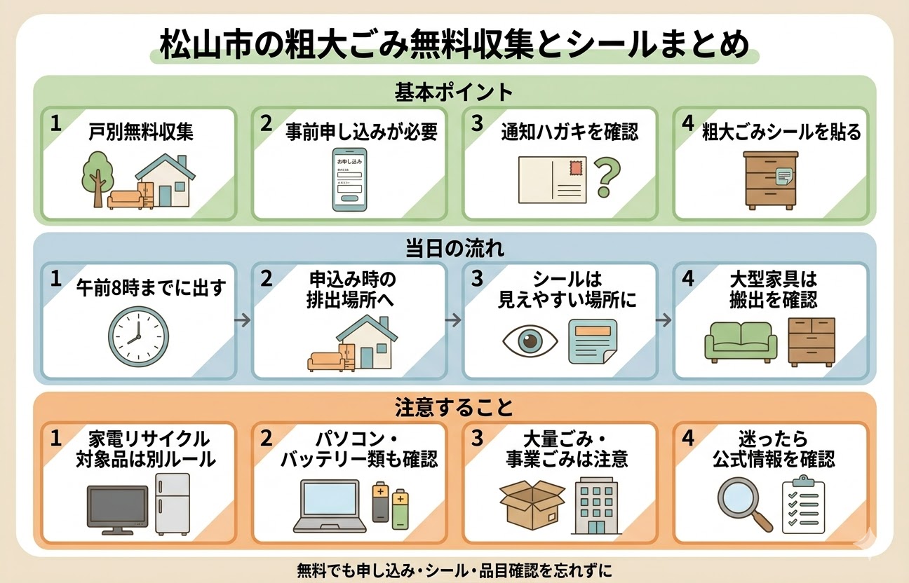 松山市の粗大ごみ無料収集とシールの使い方をまとめた図
