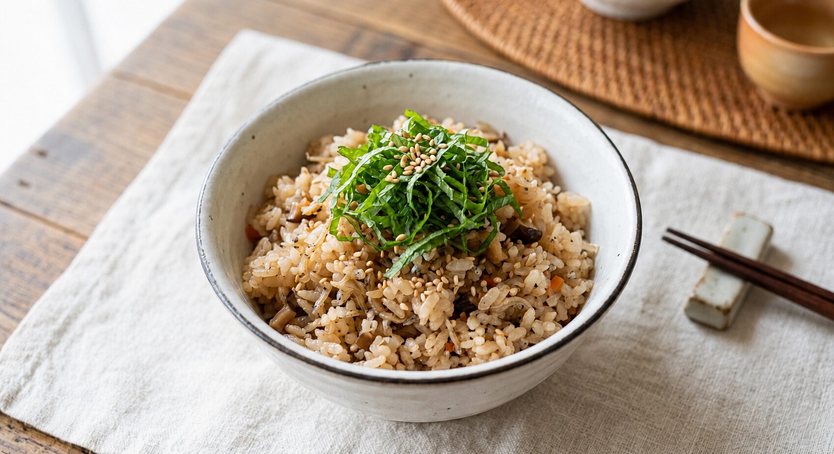 じゃこポンご飯の完成｜ちりめんじゃこと青じそのポン酢炊き込みご飯