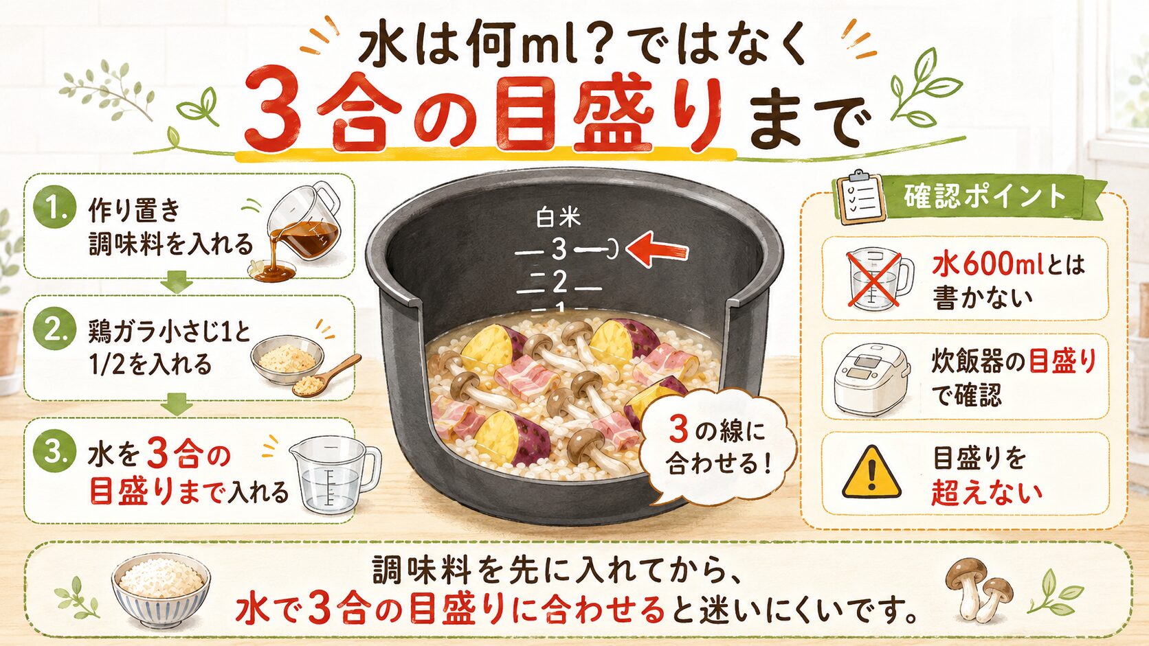 ヒルナンデスのさつまいも炊き込みご飯で、水は調味料を入れてから3合の目盛りまでと分かる図