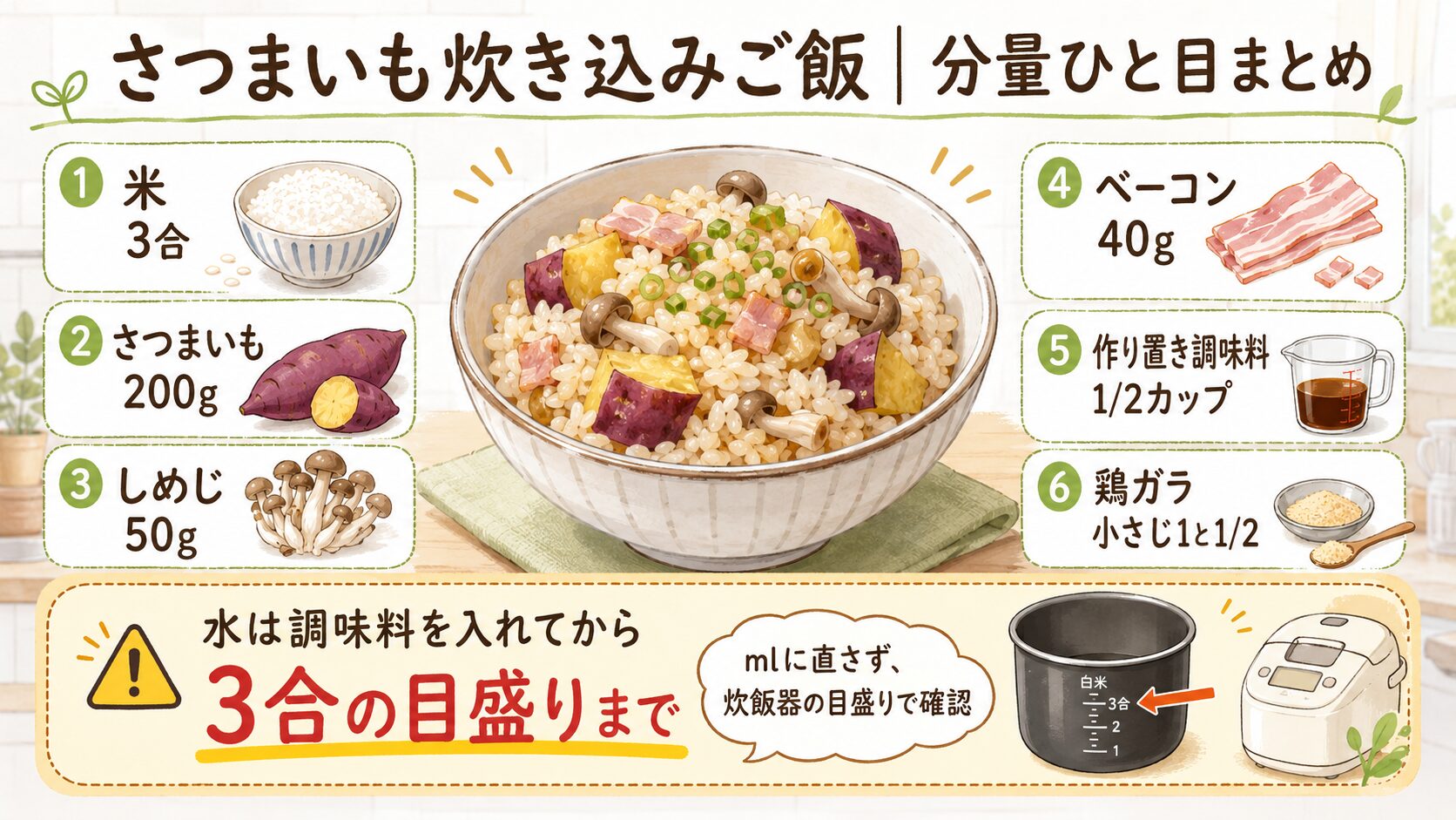 ヒルナンデスのさつまいも炊き込みご飯の分量を米3合、さつまいも200g、しめじ50g、ベーコン40gで確認できる図
