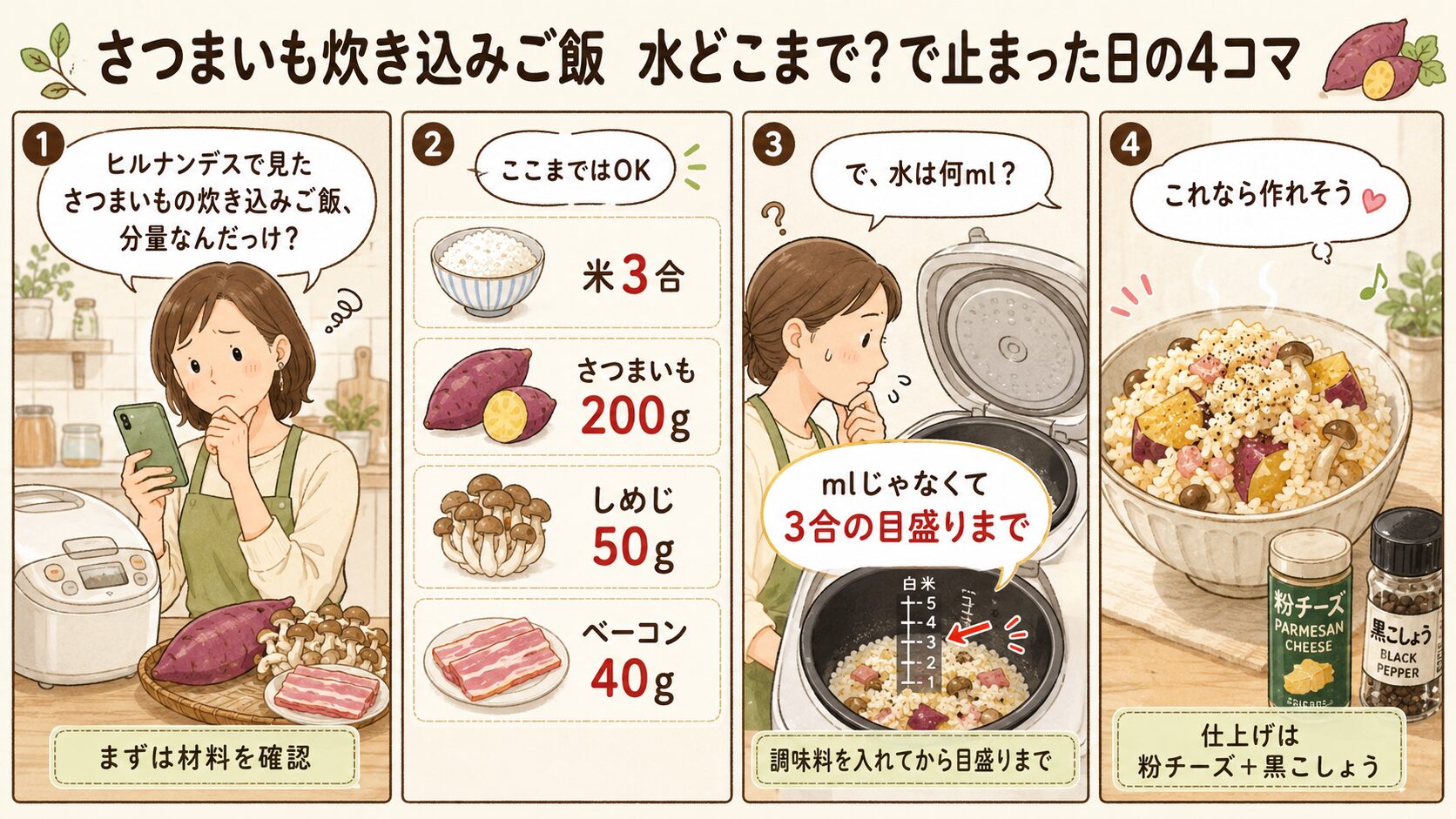 ヒルナンデスのさつまいも炊き込みご飯で、水は3合の目盛りまでと分かる四コマ漫画