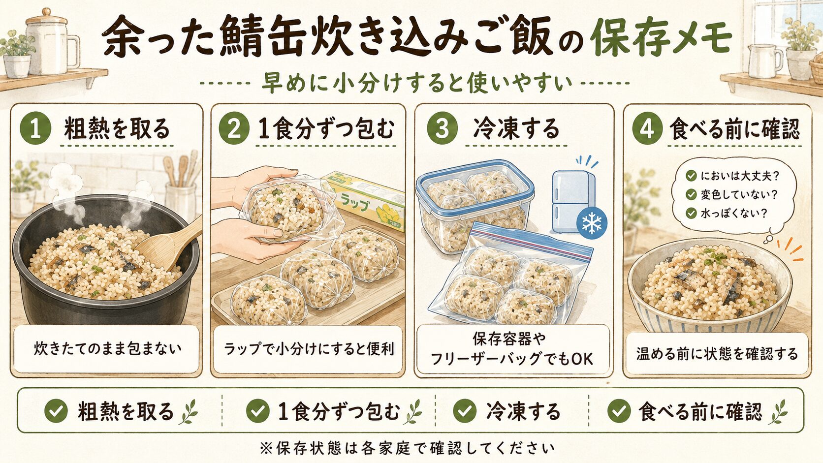 余った鯖缶炊き込みご飯の保存メモ図。粗熱を取る、1食分ずつ包む、冷凍する、食べる前に状態を確認する流れを説明
