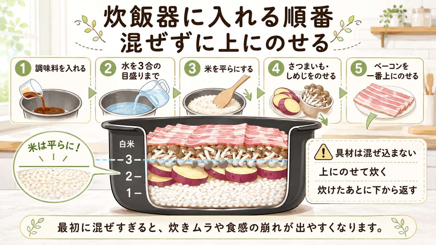 ヒルナンデスのさつまいも炊き込みご飯で、炊飯器に調味料、水、具材を順番に入れる流れが分かる図