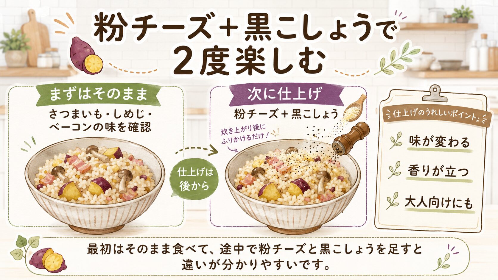 ヒルナンデスのさつまいも炊き込みご飯で、粉チーズと黒こしょうを炊き上がり後にかけて2度楽しむ図
